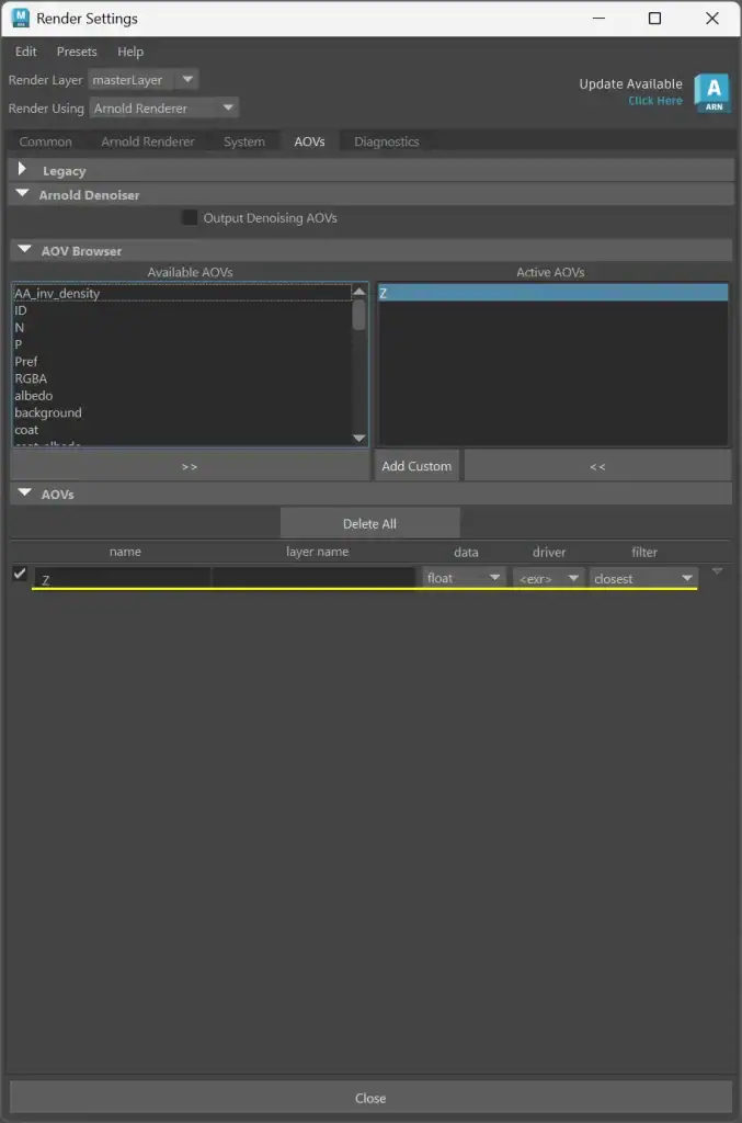 arnoldのZデプス(AOV)を出力する