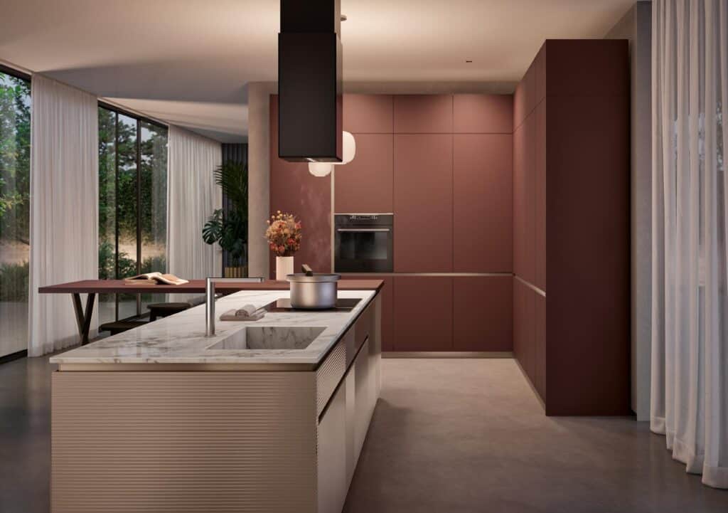 Modern kitchen with brown cabinets, an island with a marble countertop, and a stainless steel sink. Large windows with sheer curtains provide natural light, and a dining table with a plant decorates the space.