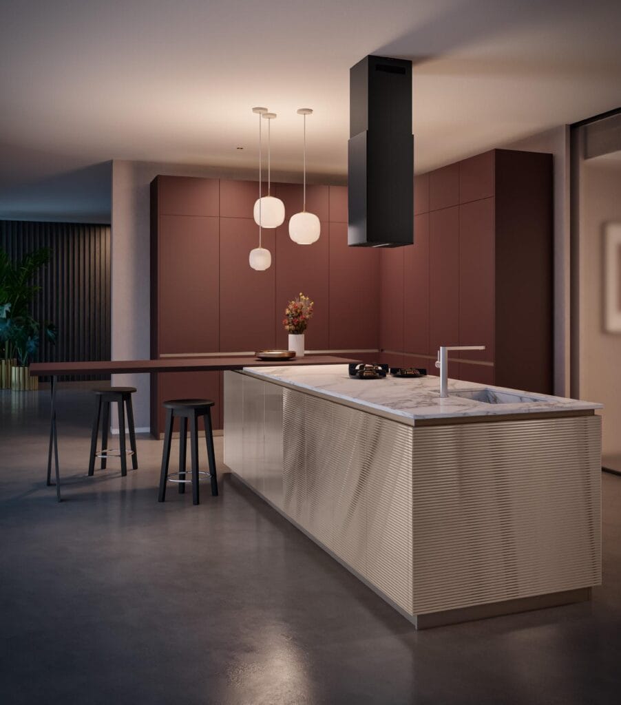 Modern kitchen with a marble island, sleek cabinets, bar stools, and pendant lights.