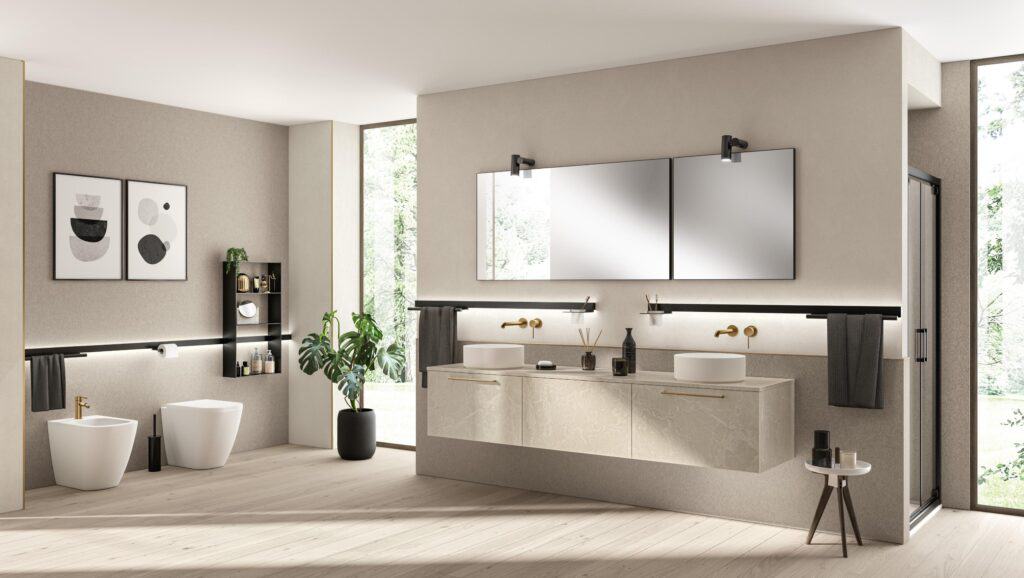 Modern bathroom with dual sinks, wall-mounted faucets, frameless mirrors, toilet and bidet, a large window, and minimalistic decor.