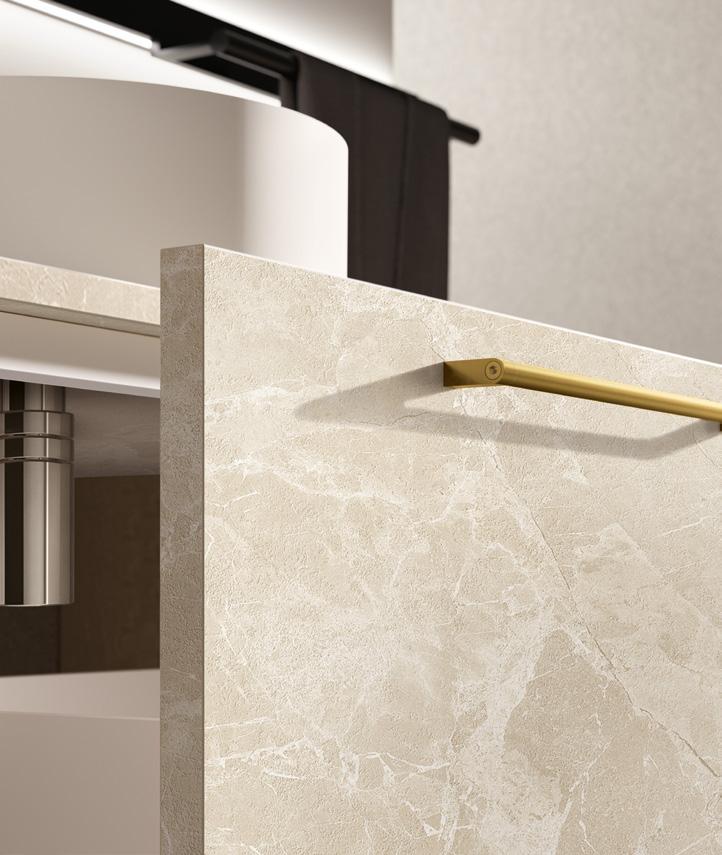 Modern bathroom vanity with a marble-textured cabinet and gold handle.
