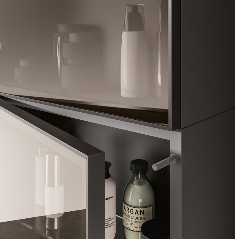 Open cabinet door revealing bottles and containers inside.