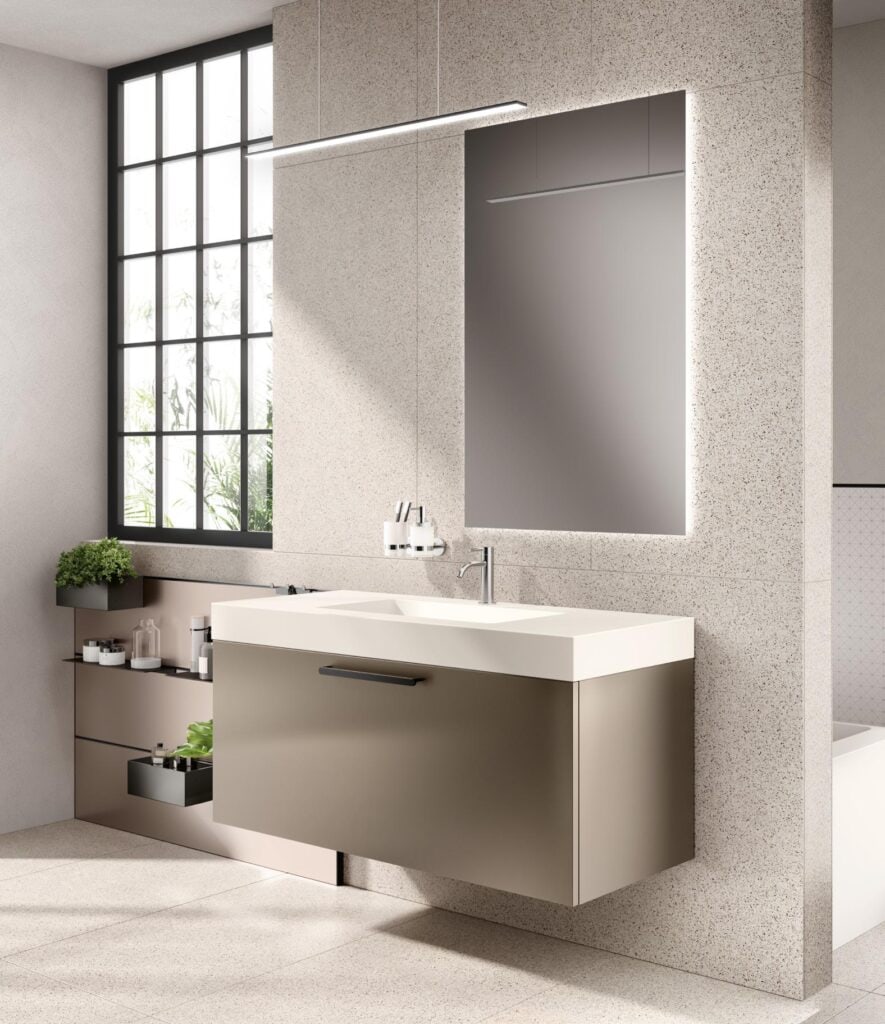 Modern bathroom interior with floating vanity, large mirror, and built-in shelves.