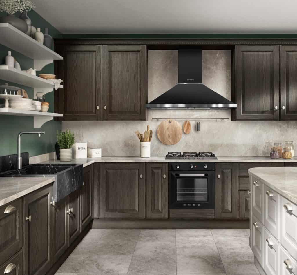 Modern kitchen with dark wood cabinets, marble countertops, a black marble sink, stainless steel appliances, and open shelving with dishes.
