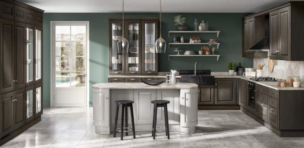 Modern kitchen with dark wood cabinetry, a white island with stools, pendant lights, open shelving, and a windowed door leading outside.