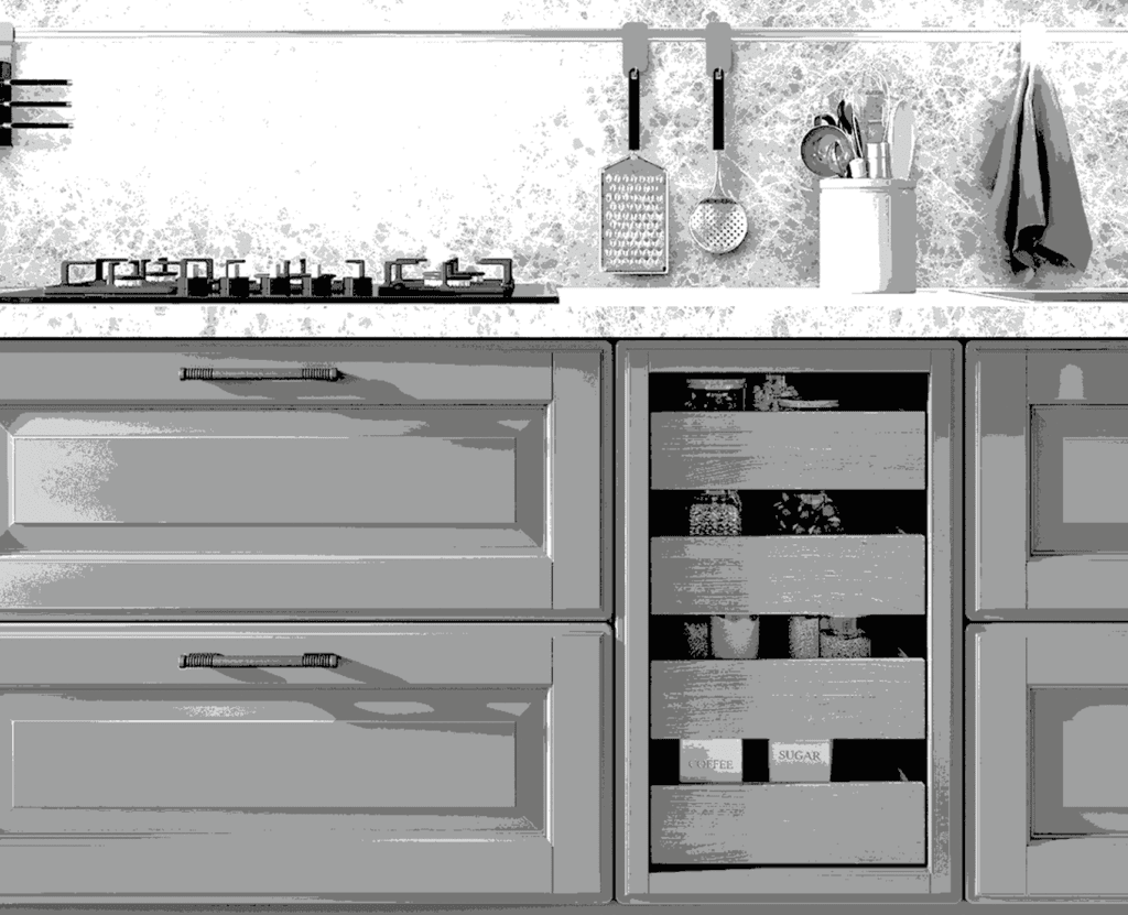 Modern kitchen with gray cabinets, marble backsplash, gas stovetop, hanging utensils, and an open cabinet revealing jars and boxes.