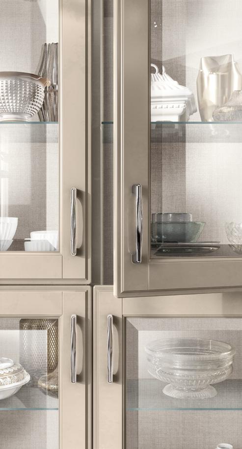 Glass cabinet doors displaying various decorative dishes.