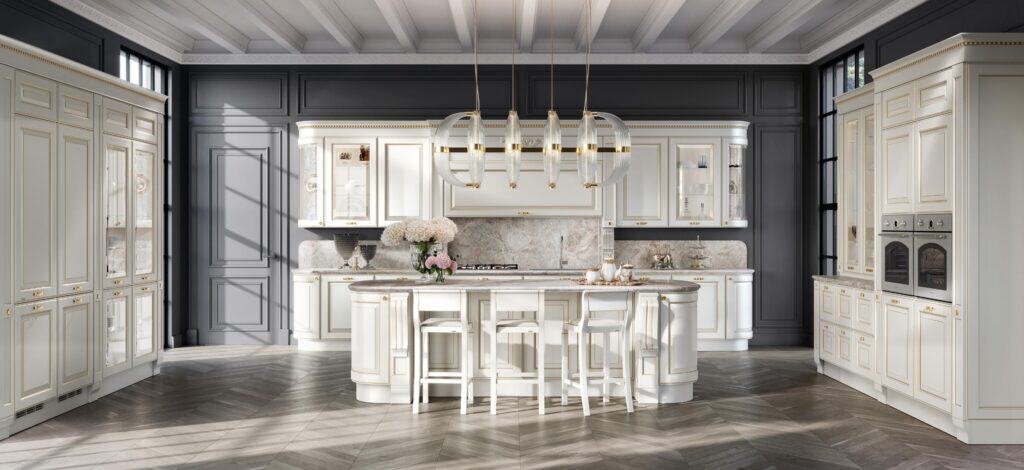 Elegant kitchen with white cabinetry, gold accents, a large island with barstools, pendant lighting, and marble backsplash.