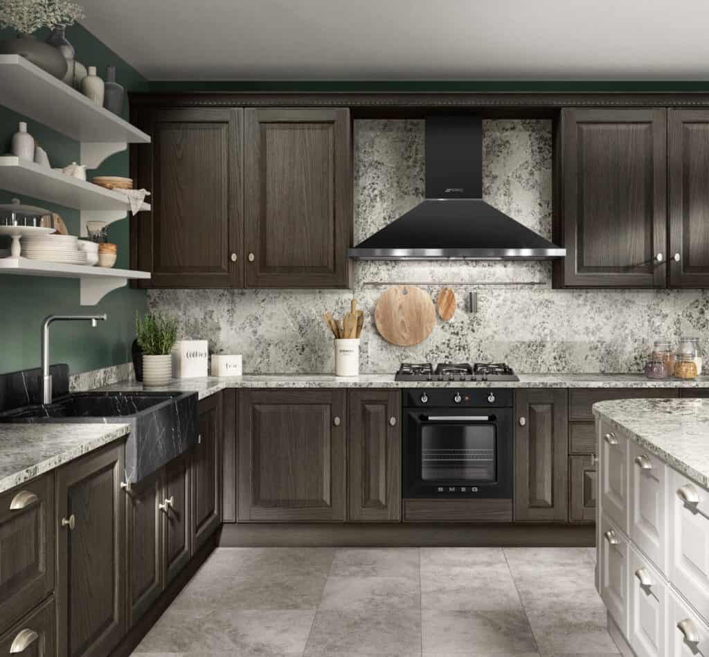 A modern kitchen with dark wood cabinets, marble countertops, a black range hood, and oven. There&#039;s an island with white cabinets, open shelving with dishes, and a plant near the sink.