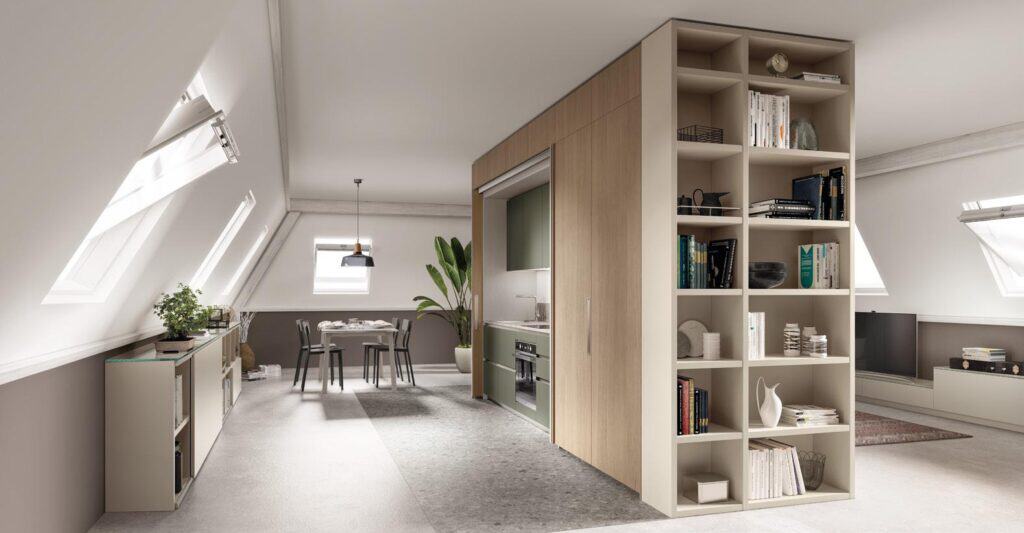 Modern attic apartment with an open kitchen, dining area, and built-in shelving.