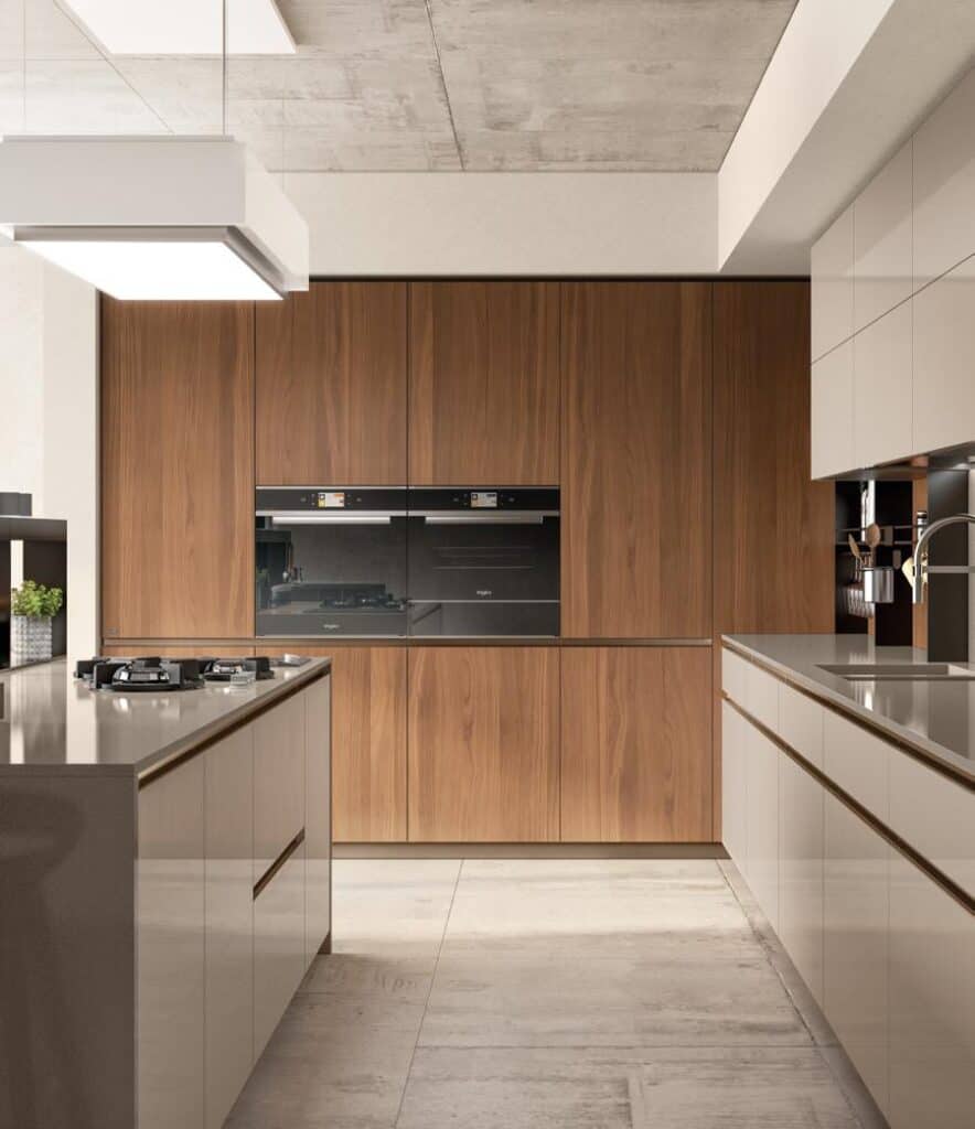 Modern kitchen with wood panel cabinets, built-in ovens, and a central island with a gas stove.