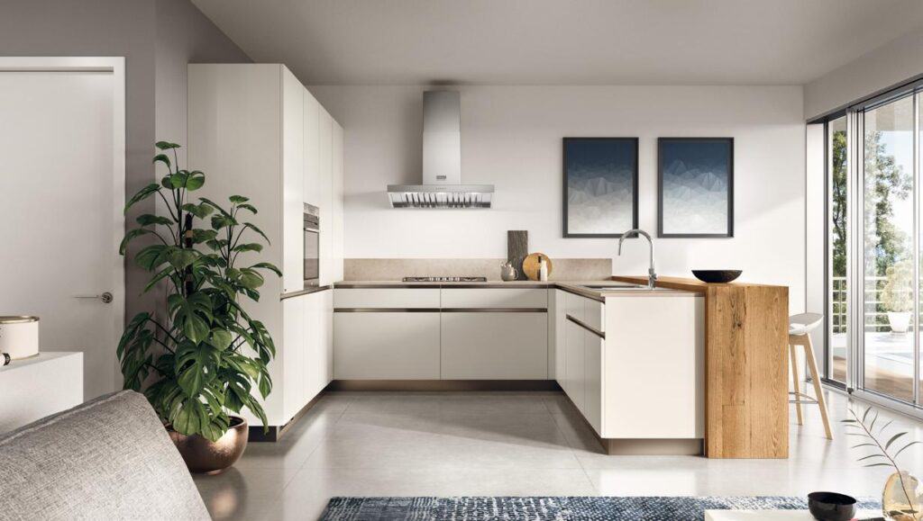 Modern kitchen with white cabinets, stainless steel appliances, a potted plant, two framed artworks, and large glass doors opening to a balcony.