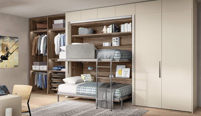 Room with a modern murphy bunk bed, open closet, and a beige wardrobe.