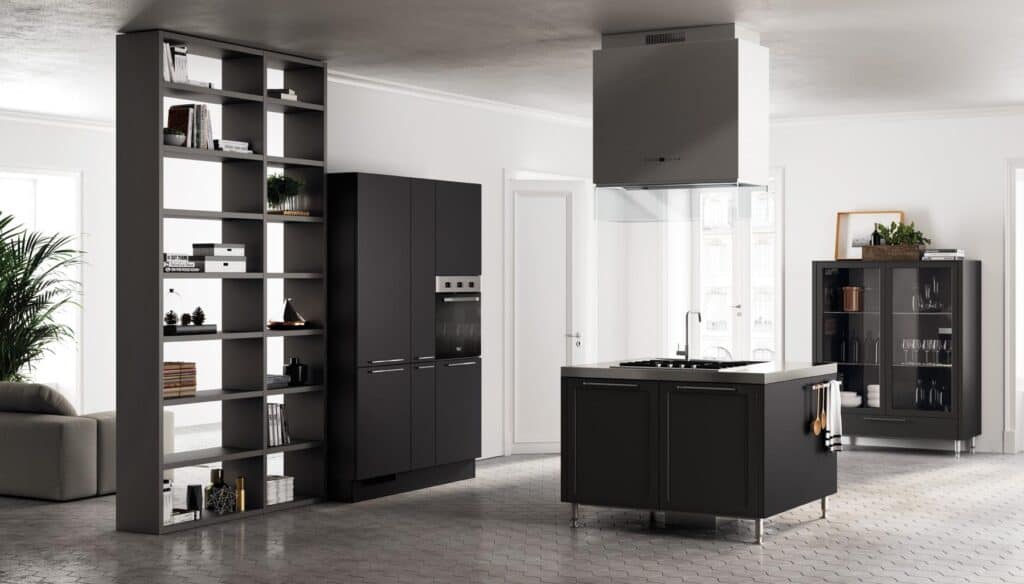 Modern kitchen with black cabinetry, open shelving, island with sink, and built-in appliances.