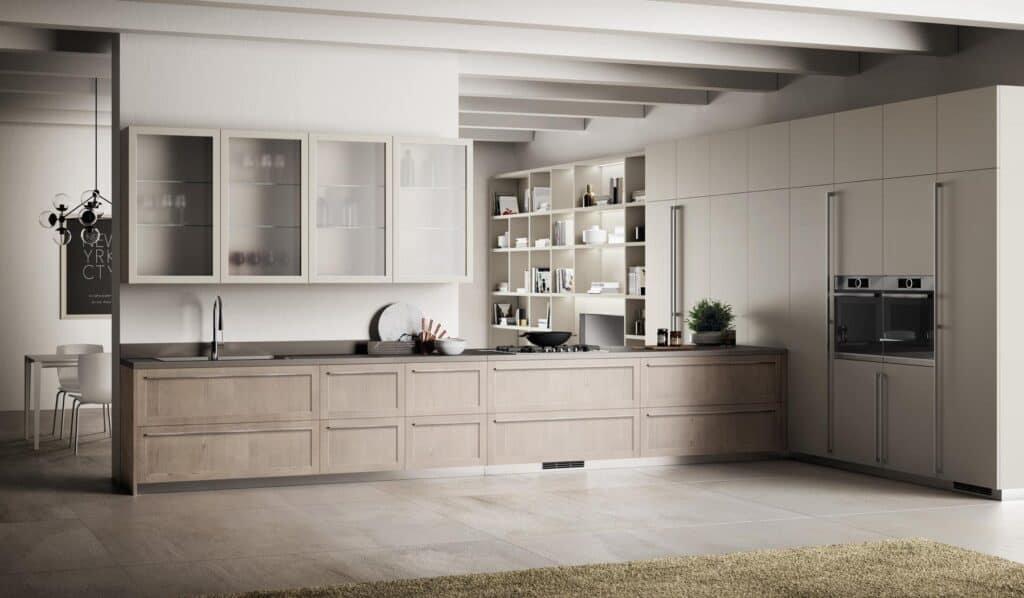 Modern kitchen with sleek cabinetry, built-in appliances, open shelving, and a minimalist design.