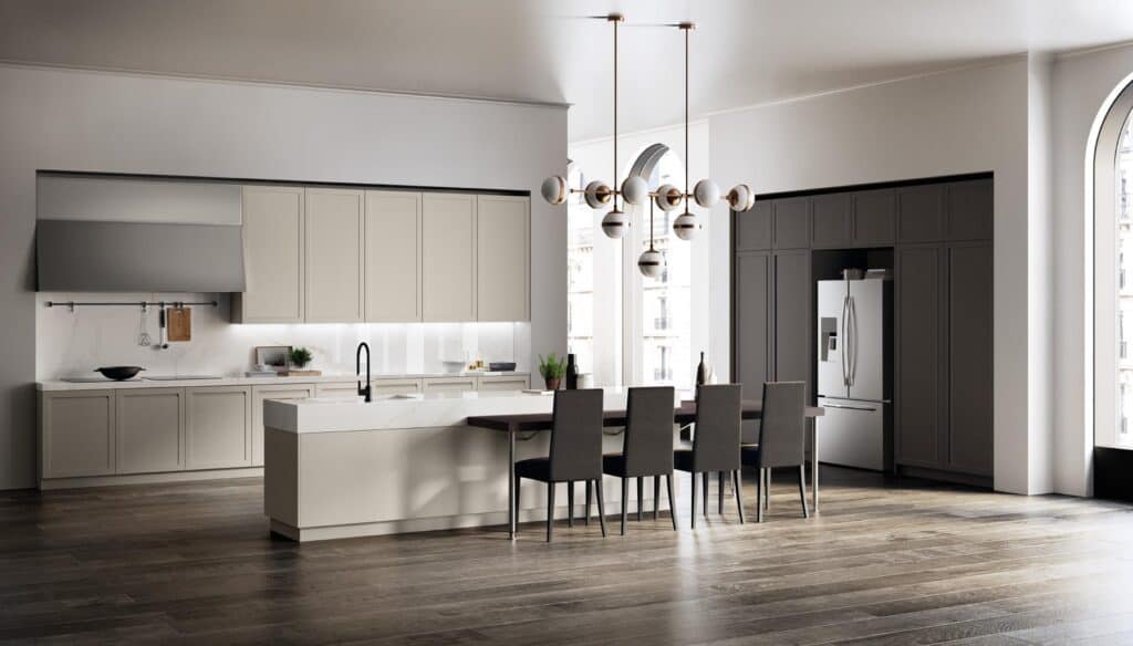 Modern kitchen with a large island, minimalist cabinets, a dining area with dark chairs, and a contemporary chandelier.