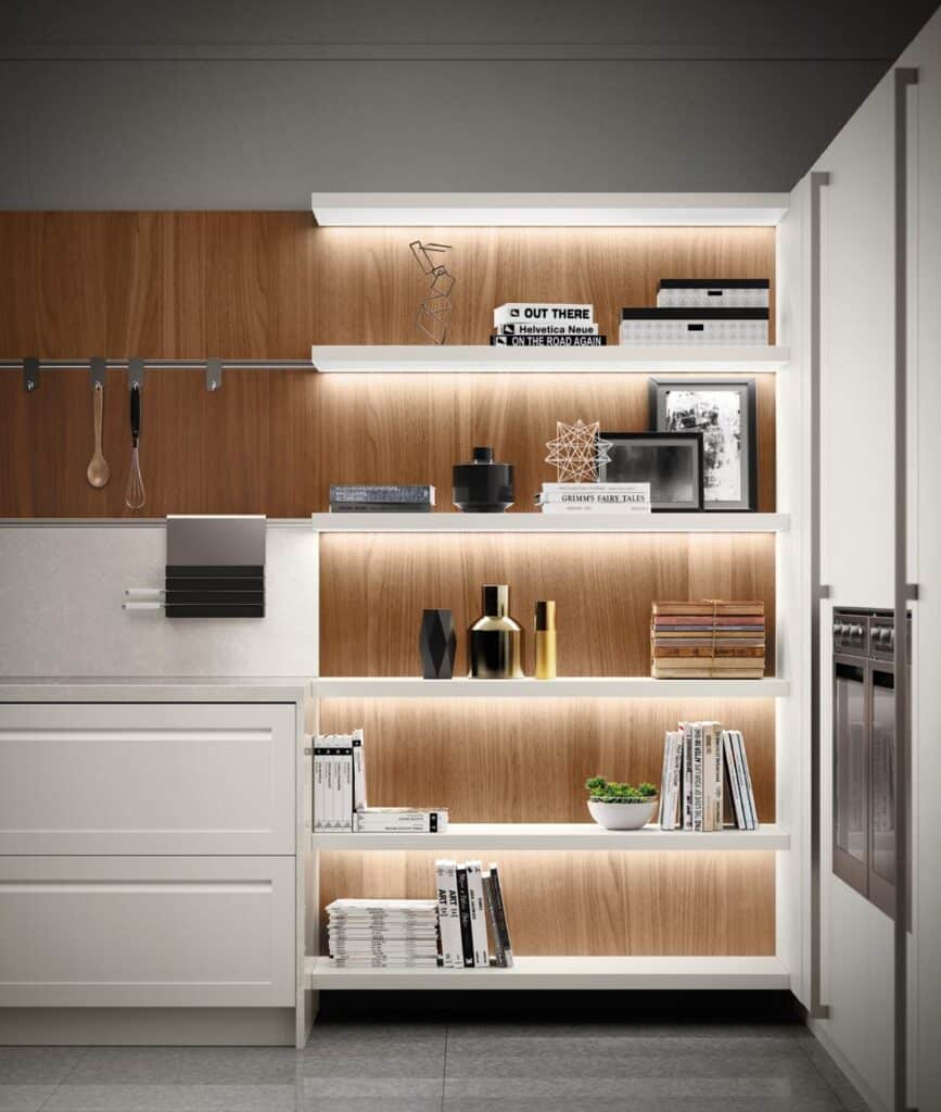 Modern kitchen with open shelves, wood paneling, and minimalist decor.
