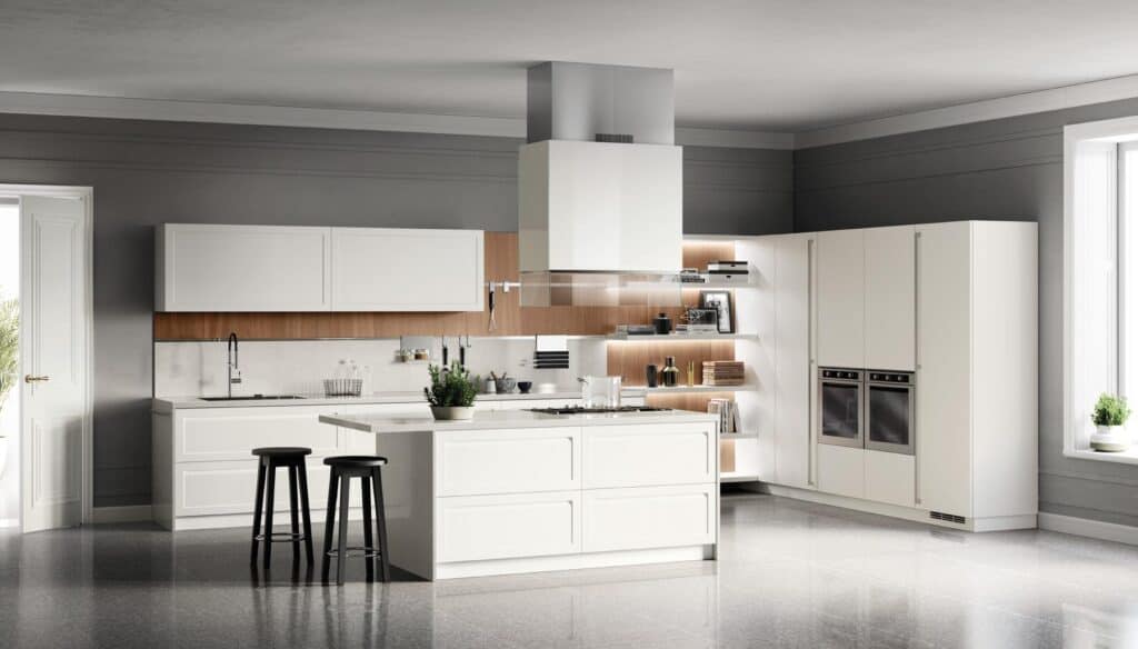 Modern kitchen with white cabinetry, an island with stools, built-in ovens, and open shelving.