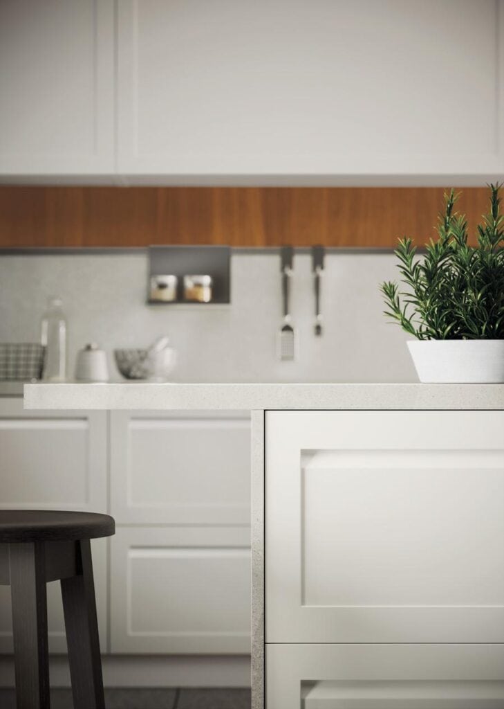 Modern kitchen with white cabinets, a countertop with a potted plant, and utensils hanging on the wall.