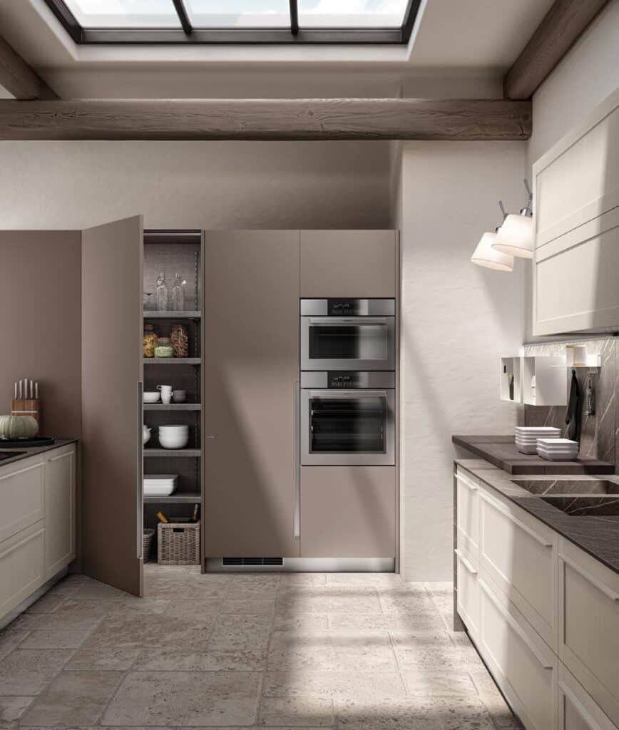 Modern kitchen with skylight, built-in appliances, and a concealed pantry with open shelves.