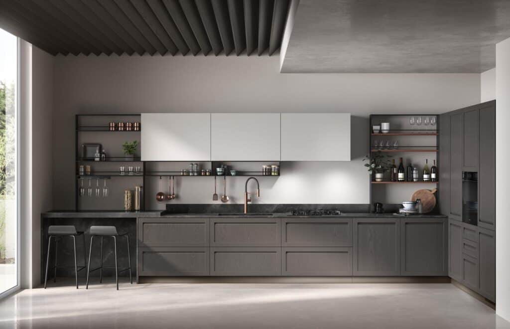 Modern kitchen with dark cabinets, open shelving, a sleek black counter, copper faucet, and bar stools.