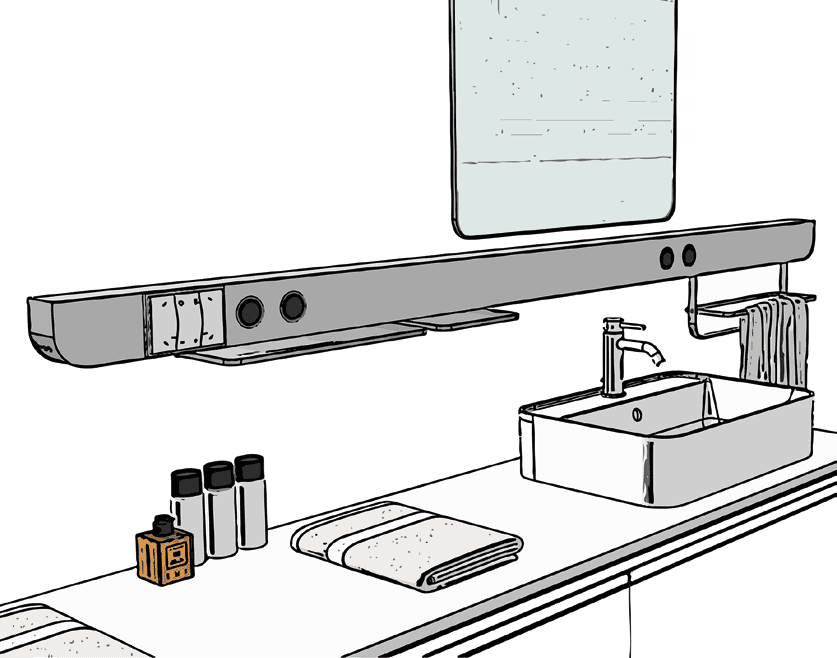 Illustration of a modern bathroom counter with a sink, faucet, hand towel, toiletries, and a large mirror above.