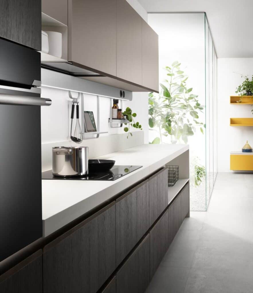 Modern kitchen with minimalist cabinetry, induction cooktop, and potted plants by a large window.