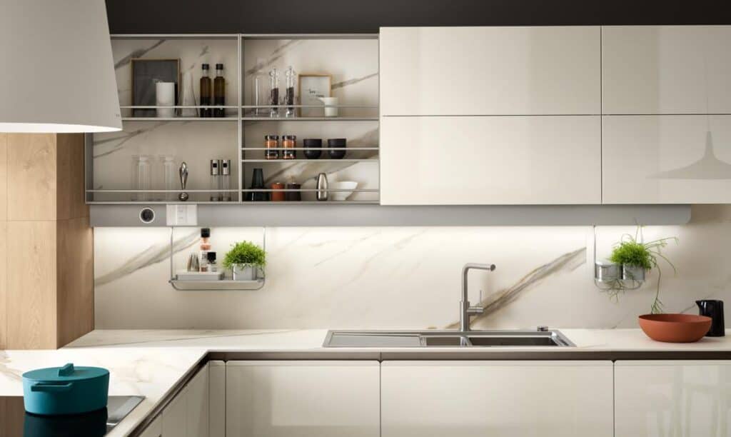 Modern kitchen with white cabinets, marble countertops, a sink, and open shelving with dishes and plants.