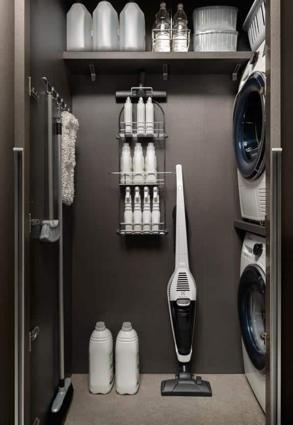 Laundry room with stacked washer and dryer, cleaning supplies, wall-mounted shelves, and a vacuum cleaner.