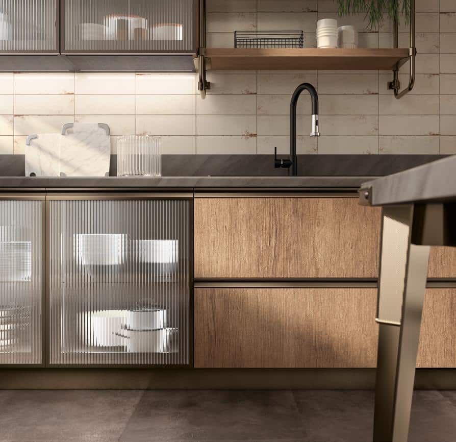 Modern kitchen with wood cabinetry, glass cupboards, black faucet, and tiled backsplash.