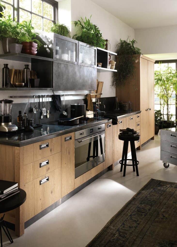 Modern kitchen with wooden cabinets, black countertop, stainless steel appliances, and various green plants on upper shelves and counters.