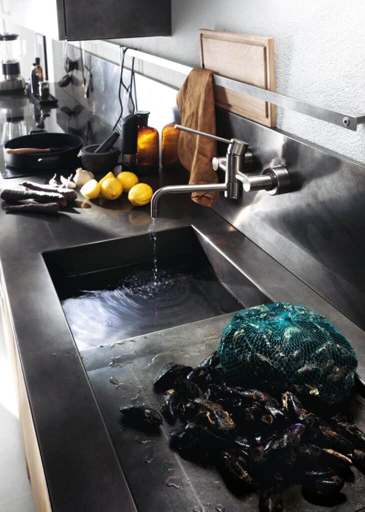 A stainless steel kitchen counter with a running faucet, a cutting board, lemons, garlic, and a frying pan. A bag of mussels rests by the sink.