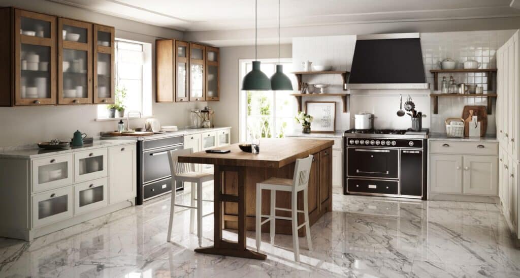 Modern kitchen with wooden cabinets, marble floors, a central wooden island with bar stools, and large black stove under a white hood.