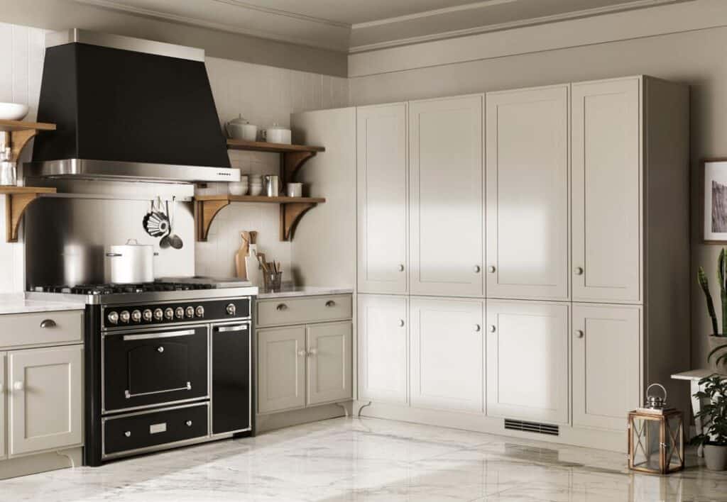 Modern kitchen with a black and stainless steel stove, white cabinets, open wooden shelves, and marble flooring.