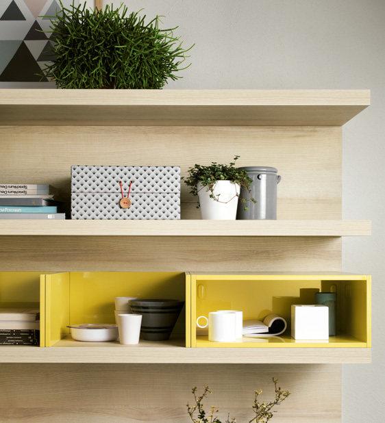 Wooden shelves with books, a gray basket, a potted plant, a metal canister, and yellow cubbies storing cups and miscellaneous items.