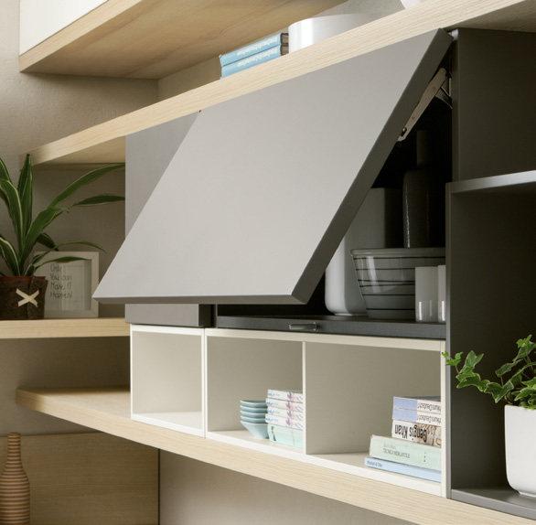 Modern kitchen storage with open and closed cabinets, displaying bowls, books, and plants.