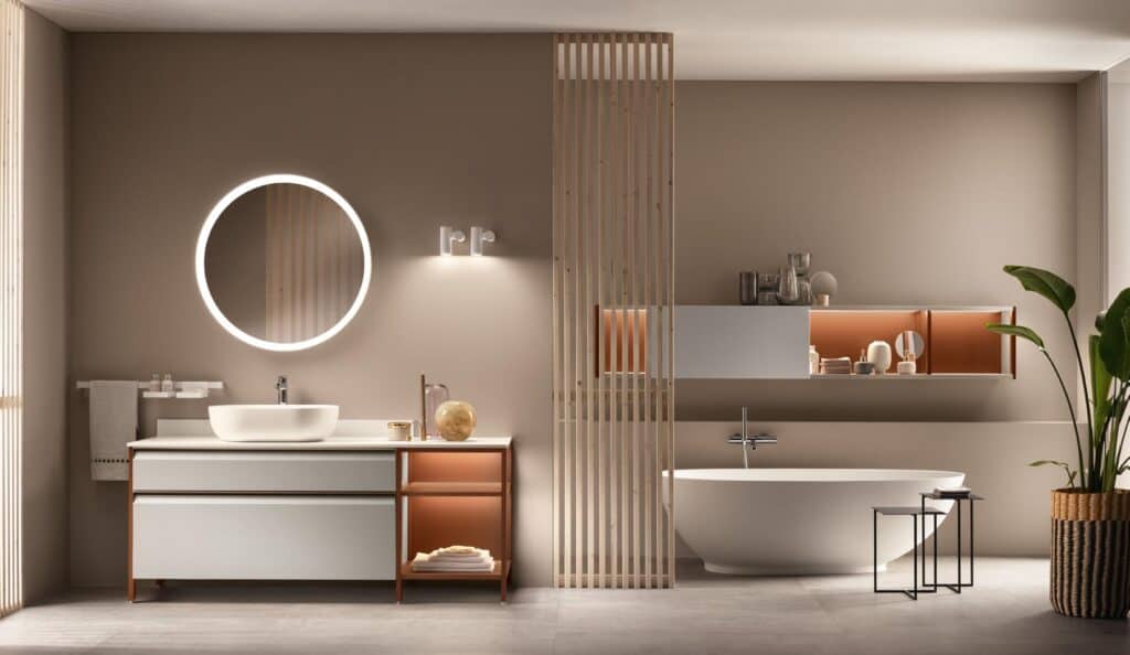 Modern bathroom with a circular illuminated mirror, a vessel sink, and a freestanding bathtub.