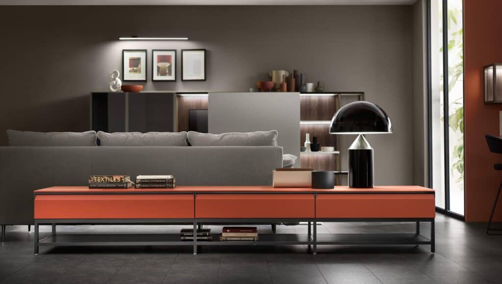 Modern living room with a gray sofa, orange console table, and a black lamp; artwork on the wall and shelves with decor items in the background.