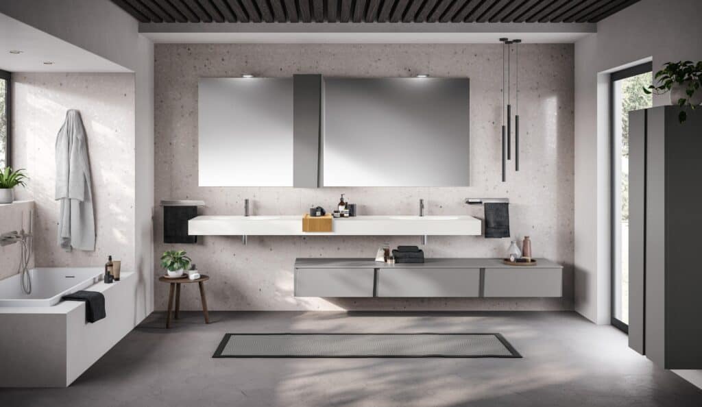 Modern bathroom with dual sinks, large mirrors, a bathtub, and minimalist decor.