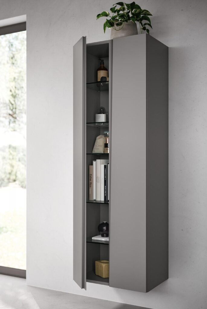 A tall gray cabinet with glass shelves and various items inside, located against a light wall with a plant on top.
