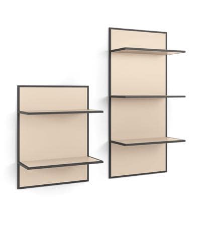 Two beige wall shelves with black borders, each having two horizontal surfaces.