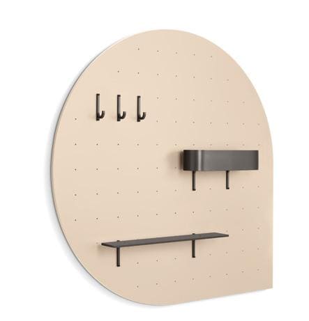 Round beige pegboard with three hooks and two shelves.