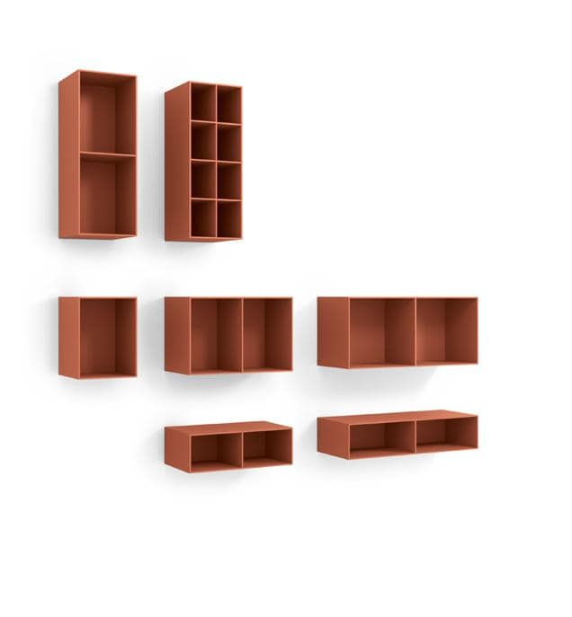 Brown wall-mounted shelves of varying sizes with open compartments.