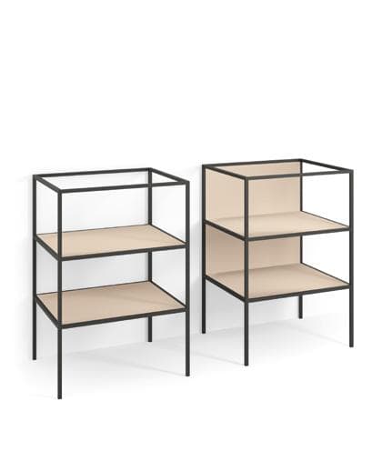 Two minimalist shelving units with black metal frames and beige shelves.