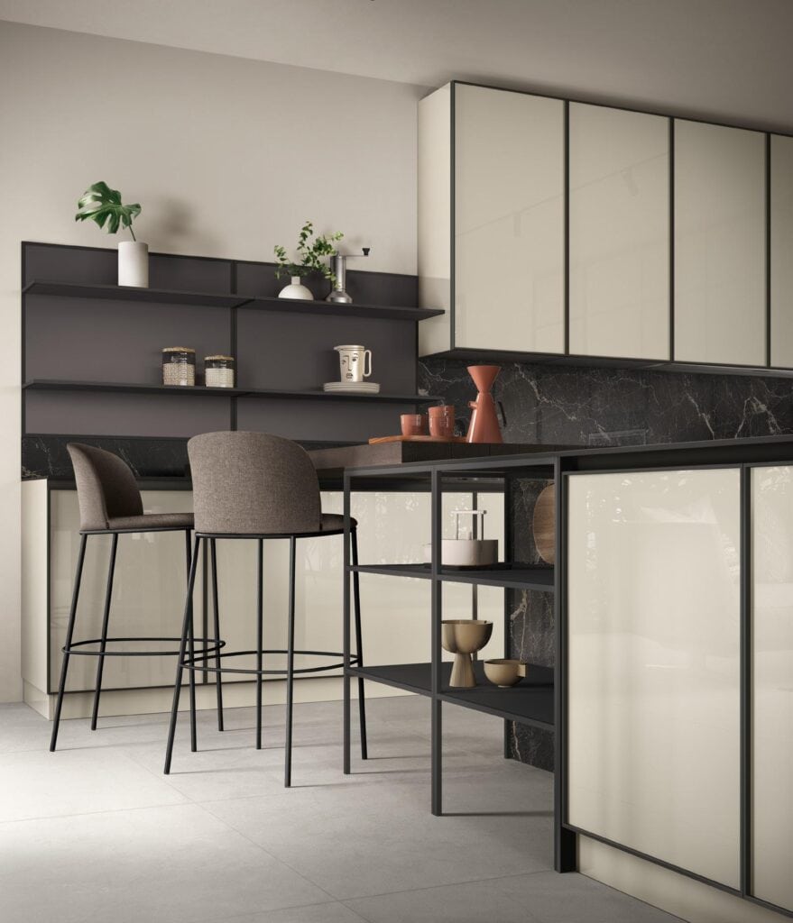 Modern kitchen interior with sleek cabinetry, a black marble backsplash, open shelving, bar-style counter with high stools, and minimalistic decor elements such as plants and pottery.