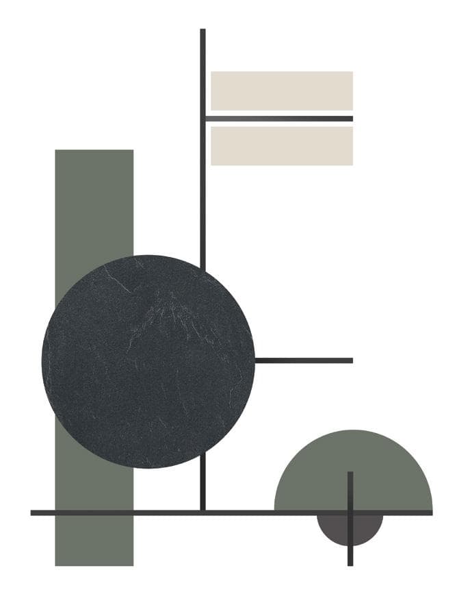 Abstract geometric composition with rectangles, lines, and circles in green and gray tones.