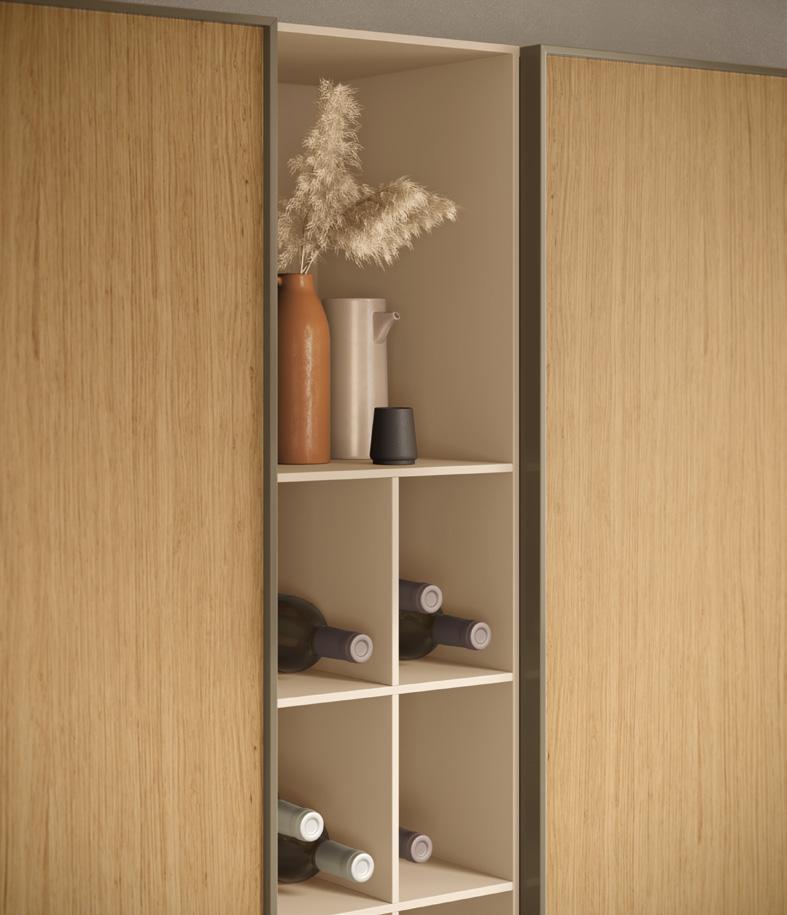 Open wooden cabinet with decorative vases and wine bottles on shelves.
