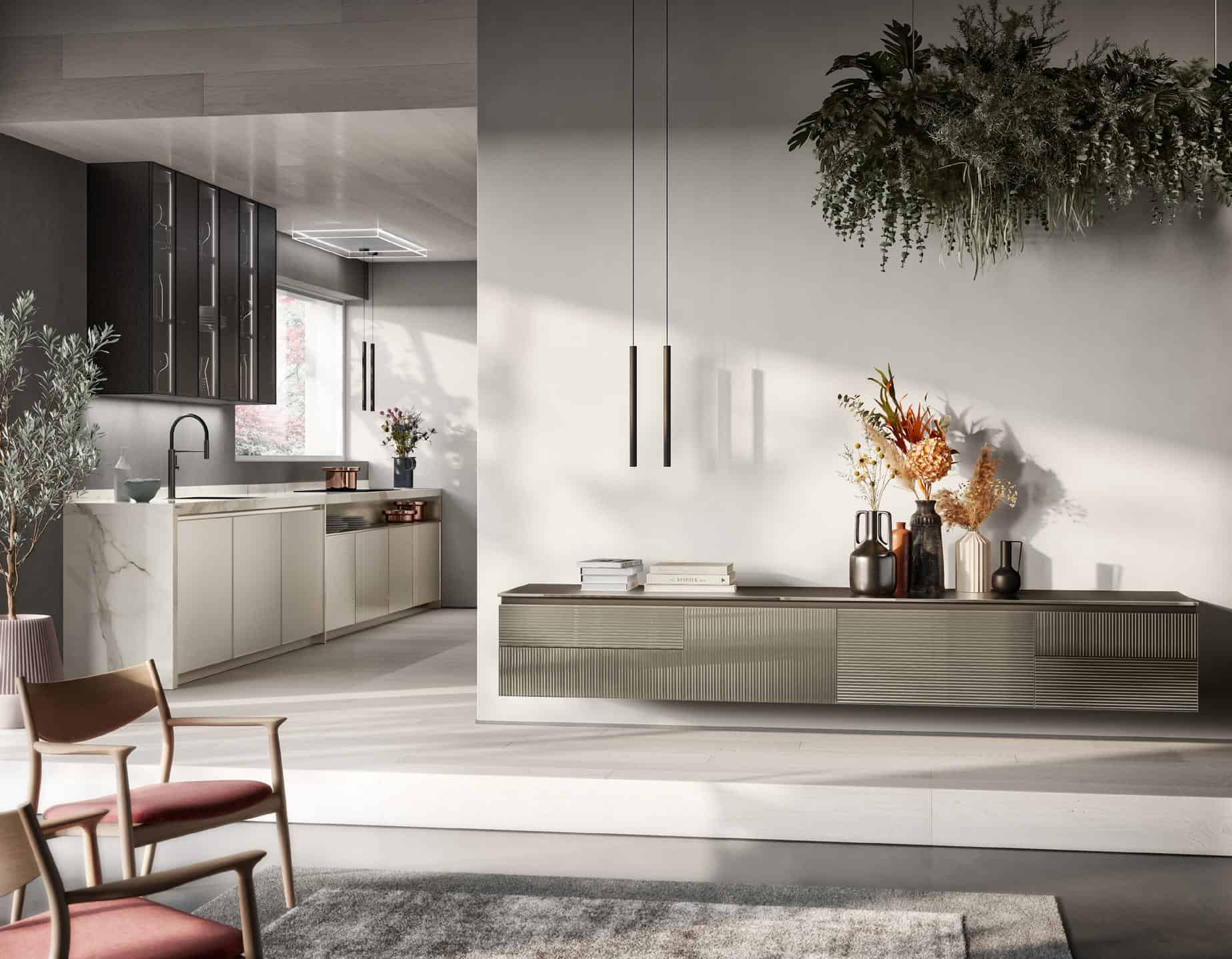 Modern kitchen interior with minimalist design, featuring light cabinetry, dark accents, and plants. A countertop with a black faucet is in the background, and a sideboard with decorative vases and hanging plants is in the foreground.