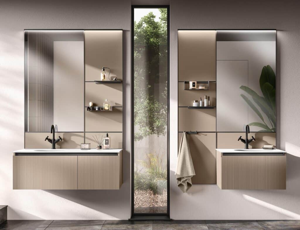 Modern bathroom with wall-mounted beige vanities, black faucets, and large mirrors, featuring a vertical window with a view of greenery.