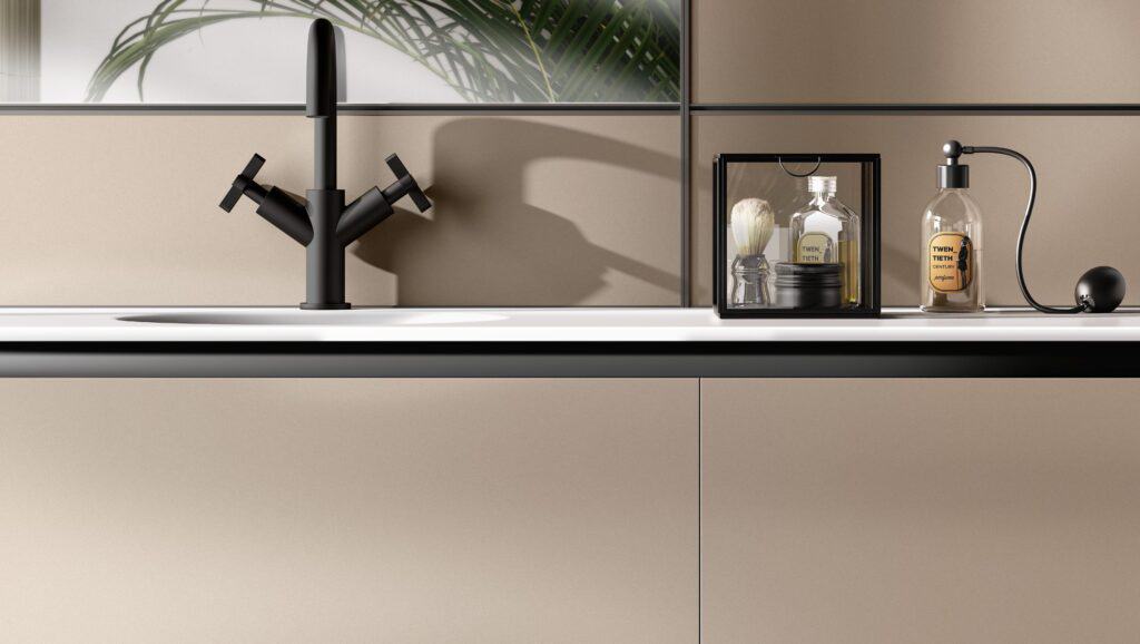 Modern bathroom counter with a sleek black faucet, a glass display box containing grooming items, and a perfume bottle.